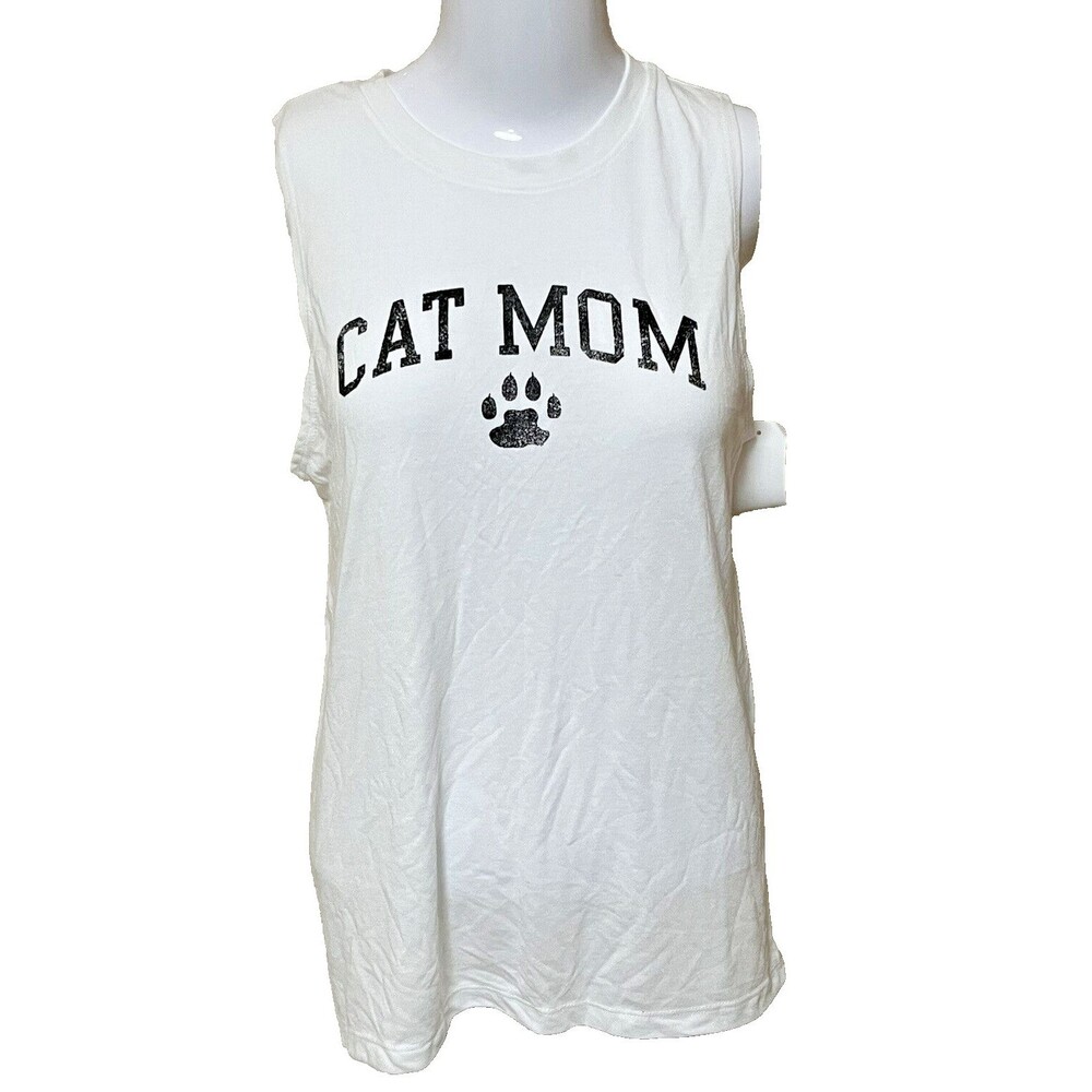 Modern Lux Top Sleeveless Tank T Shirt CAT MOM Pullover Tee White Women Medium